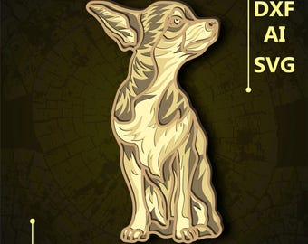 Op de afbeelding: Een digitale illustratie van een lichtbruine chihuahua die zit met zijn hoofd omhoog gekanteld. De afbeelding is op een donkerbruine achtergrond met de tekst "DXF AI SVG CUTTING FILE" in wit.