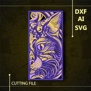 May include: A purple and yellow intricate cat face design for laser cutting. The design is perfect for creating a decorative wall hanging or a unique piece of art.