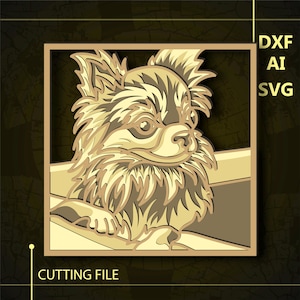 May include: A digital cutting file of a chihuahua dog looking to the right. The file is available in DXF, AI, and SVG formats. The image is in a gold color scheme.