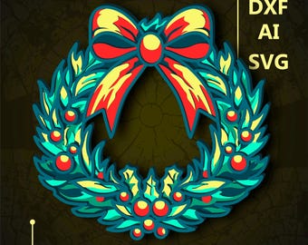 May include: A green and yellow wreath with a red and yellow bow. The wreath is decorated with red berries and green leaves.