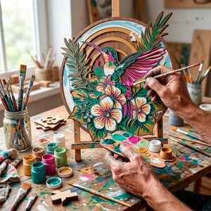 May include: A circular wooden layered art piece featuring a hummingbird and tropical flowers in vibrant pink, green, and white tones. The artwork is displayed on a small wooden easel, with a paint palette and various brushes nearby.