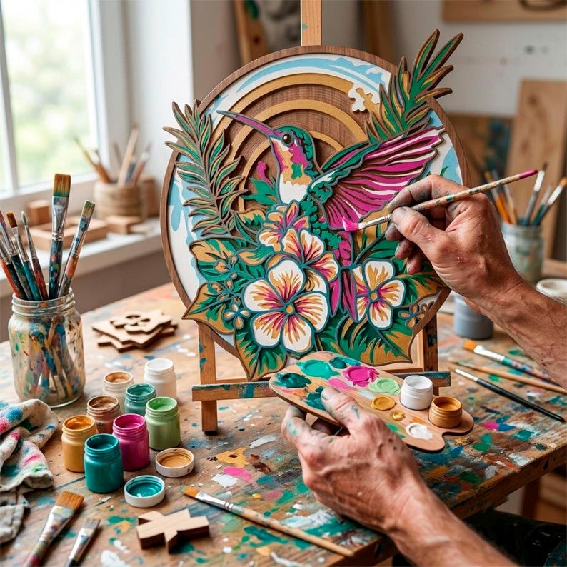 May include: A circular wooden layered art piece featuring a hummingbird and tropical flowers in vibrant pink, green, and white tones. The artwork is displayed on a small wooden easel, with a paint palette and various brushes nearby.
