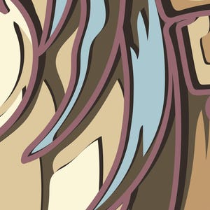 K&ouml;nnte beinhalten: Abstrakte Illustration mit flie&szlig;enden Linien und Formen. Die Farbpalette umfasst Beige-, Braun-, Blau- und Lilat&ouml;ne, wodurch eine dynamische und k&uuml;nstlerische Komposition entsteht. Das Kunstwerk hat einen modernen, grafischen Stil.