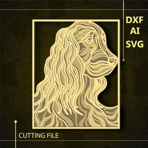 May include: A detailed line art illustration of a dog's head with long, flowing hair. The image is in shades of gold and brown, and is framed in a square.