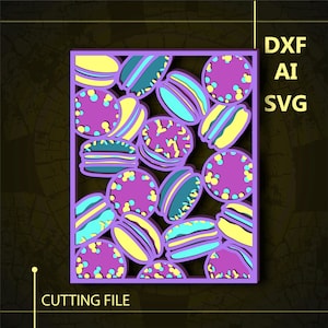 May include: A digital cutting file design featuring a pattern of colorful macarons. The macarons are arranged in a square shape and have a variety of colors, including pink, yellow, blue, and green. The design is perfect for creating custom projects, such as wall decals, stencils, or vinyl stickers.