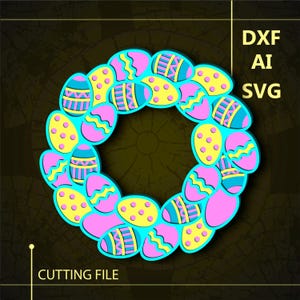 May include: A wreath made of pastel pink and blue Easter eggs with yellow accents. The eggs are arranged in a circle and have various patterns, including polka dots, stripes, and swirls.