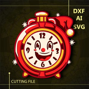 Puede incluir: Reloj rojo con una cara sonriente y un gorro de Papá Noel. La esfera del reloj tiene números amarillos y un fondo blanco. El reloj es un archivo de corte.