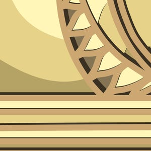 May include: A close-up of a decorative design with a geometric pattern in shades of brown and beige. The design features a series of overlapping circles and triangles, creating a visually interesting and intricate pattern.
