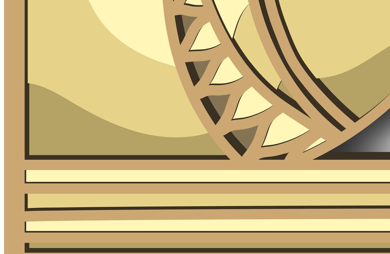 May include: A close-up of a decorative design with a geometric pattern in shades of brown and beige. The design features a series of overlapping circles and triangles, creating a visually interesting and intricate pattern.