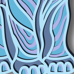 May include: A blue and purple abstract pattern with a wavy design. The pattern is outlined in black and has a 3D effect.