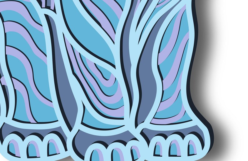 May include: A blue and purple abstract pattern with a wavy design. The pattern is outlined in black and has a 3D effect.