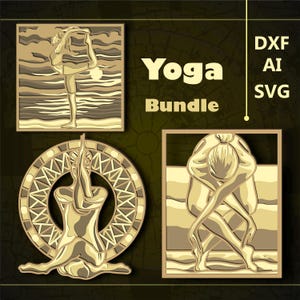 Pode incluir: Três arquivos de corte digital de mulheres em poses de yoga. Os arquivos estão em formatos DXF, AI e SVG. O texto "Yoga Bundle" está no centro da imagem.