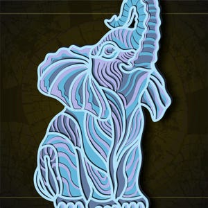 May include: A blue and purple patterned elephant illustration with its trunk raised in the air.