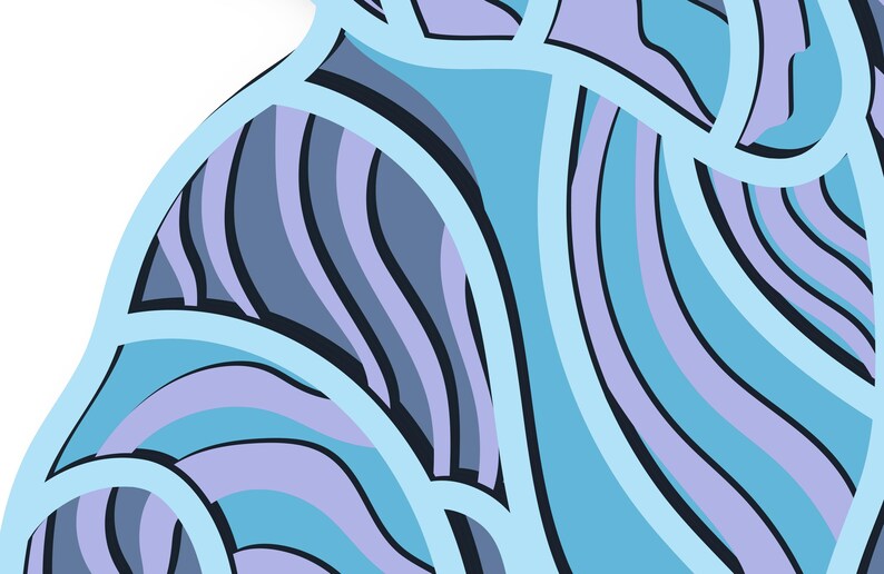 May include: Abstract pattern with blue and purple wavy lines. The lines are outlined in a lighter blue color.