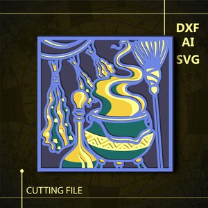 May include: A blue, green, and yellow digital paper craft design of a cauldron with a swirling yellow liquid and steam, a broom, and a bottle.