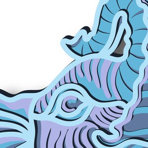 May include: A blue and purple elephant illustration with a detailed, patterned design. The elephant's trunk is curled up and its eye is visible.