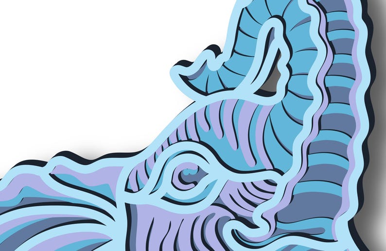 May include: A blue and purple elephant illustration with a detailed, patterned design. The elephant's trunk is curled up and its eye is visible.