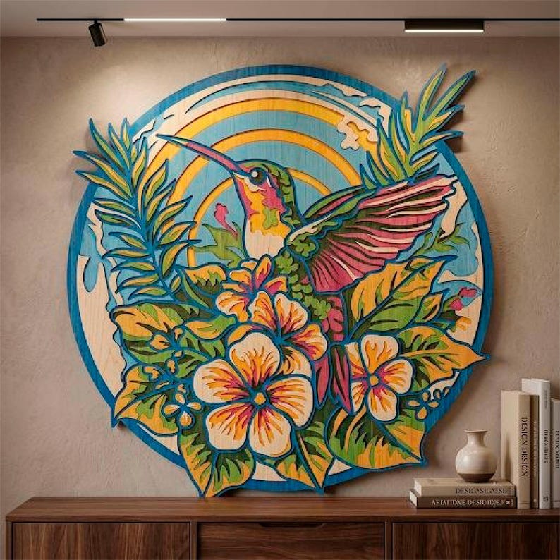 May include: A circular multi-layered wooden wall art piece featuring a vibrant hummingbird in flight surrounded by tropical flowers and foliage. The design incorporates a yellow sunburst background, blue accents, and layered wood textures.