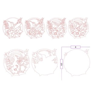 May include: A set of six circular laser-cut designs featuring hummingbirds and floral patterns in a light pink outline. One design is blank, and a dimension line indicates a width of 8 inches and a height of 8.3 inches for the circular shapes.