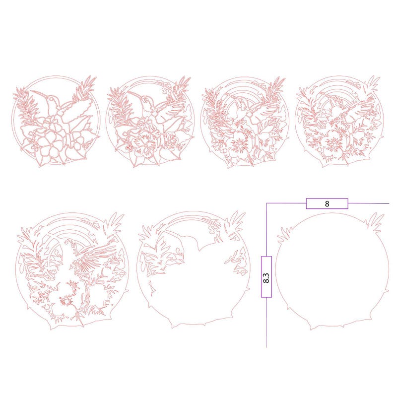 May include: A set of six circular laser-cut designs featuring hummingbirds and floral patterns in a light pink outline. One design is blank, and a dimension line indicates a width of 8 inches and a height of 8.3 inches for the circular shapes.
