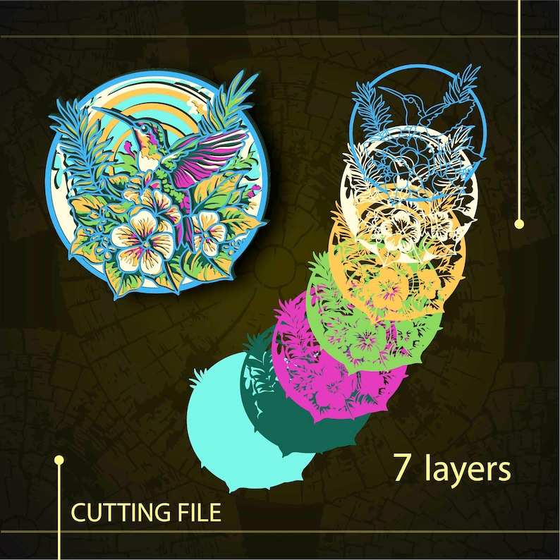 May include: A multi-layered digital cutting file design featuring a hummingbird surrounded by tropical flowers and foliage. The artwork is displayed in seven distinct layers, ranging from a solid light blue base to a detailed, colorful top layer.