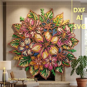 Könnte beinhalten: Ein mehrschichtiges Wandkunstwerk aus Holz mit einem lebendigen Blumenarrangement aus rosa, gelben, grünen und blauen Blütenblättern und Blättern. Das Design enthält rechts den Text DXF, AI und SVG, was auf eine digitale Schneidedatei hinweist.