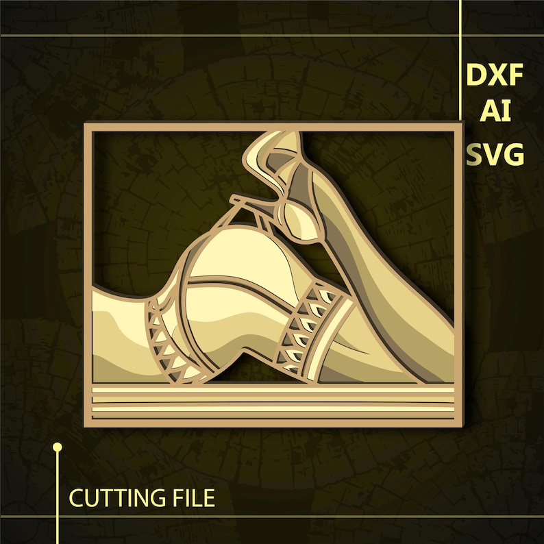 May include: A laser cut design of a stylized figure with geometric patterns. The figure is in a reclining pose with one leg bent and the other extended. The design is in a light brown color.