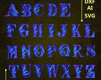 Może przedstawiać: Dekoracyjny alfabet z niebieskimi i fioletowymi wzorami kwiatowymi. Litery są obwiedzione czarną linią i mają efekt 3D. Litery są ułożone w trzech rzędach, pierwszy rząd to A-E, drugi rząd to F-L, a trzeci rząd to M-Z. Litery znajdują się na brązowym tle z napisami "DXF", "AI", "SVG" i "CUTTING FILE" w żółtym kolorze.