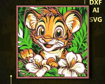 Little Tiger Multilayer SVG. CNC. Cricut. Paper cutting. Laser cut file. 3D layer. Glowforge.