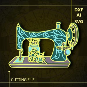 May include: A teal blue sewing machine with a decorative floral design. The machine has a spool of thread, a needle, and a jar of buttons. The machine is on a wooden table with a yellow background.