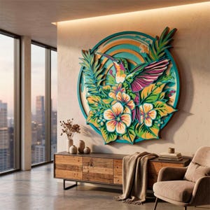 May include: A circular multi-layered wooden wall art piece featuring a vibrant hummingbird surrounded by tropical flowers and foliage in shades of teal, orange, pink, and green, mounted on a textured wall above a wooden console table.