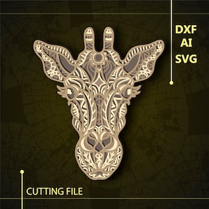May include: A detailed, intricate, laser-cut design of a giraffe's head. The design is in shades of brown and beige, with a mandala-like pattern. The image includes the text "DXF AI SVG CUTTING FILE".