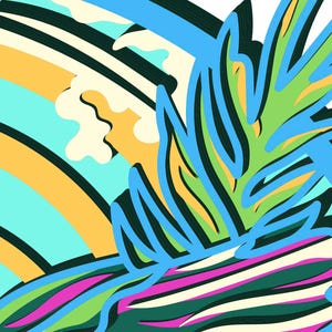 May include: A graphic illustration featuring a stylized green pineapple top with sharp leaves, set against a background of curved yellow and light blue bands, with dark green and magenta striped patterns visible at the bottom of the composition.