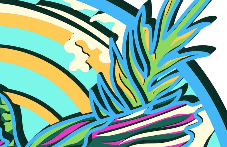 May include: A graphic illustration featuring a stylized green pineapple top with sharp leaves, set against a background of curved yellow and light blue bands, with dark green and magenta striped patterns visible at the bottom of the composition.
