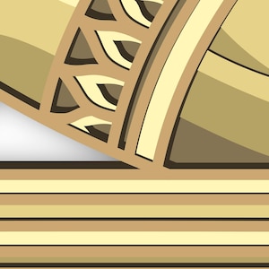 May include: A close-up of a decorative design with a light brown, beige, and dark brown color scheme. The design features a series of overlapping shapes and lines, creating a geometric pattern.