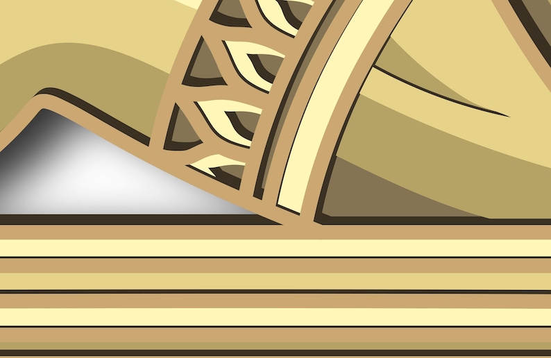 May include: A close-up of a decorative design with a light brown, beige, and dark brown color scheme. The design features a series of overlapping shapes and lines, creating a geometric pattern.