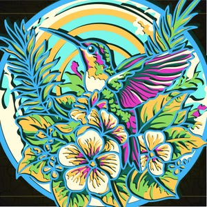 May include: A circular graphic illustration featuring a hummingbird in profile surrounded by tropical flowers and palm leaves. The color palette includes vibrant shades of magenta, lime green, yellow, and cyan, set against a circular background with concentric rings.