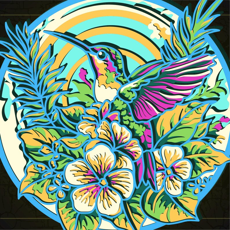 May include: A circular graphic illustration featuring a hummingbird in profile surrounded by tropical flowers and palm leaves. The color palette includes vibrant shades of magenta, lime green, yellow, and cyan, set against a circular background with concentric rings.