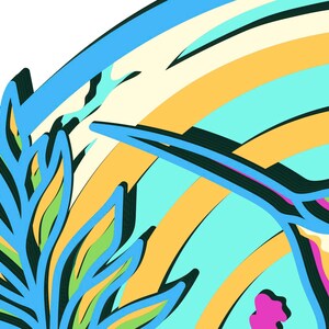 May include: A graphic illustration featuring a hummingbird with a long beak, rendered in vibrant shades of pink, green, and blue. The bird is positioned against a background of concentric yellow and light blue arcs, with a stylized blue leaf.