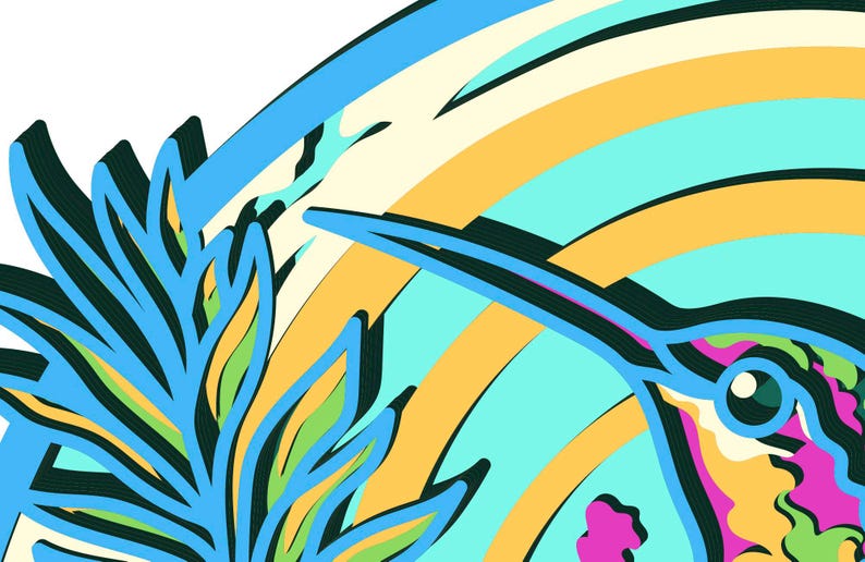 May include: A graphic illustration featuring a hummingbird with a long beak, rendered in vibrant shades of pink, green, and blue. The bird is positioned against a background of concentric yellow and light blue arcs, with a stylized blue leaf.