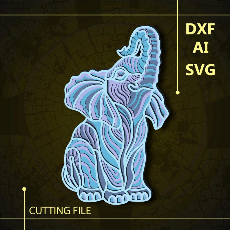 May include: A blue and purple elephant silhouette with intricate patterns, perfect for a laser cut craft project.  The file is available in DXF, AI, and SVG formats.