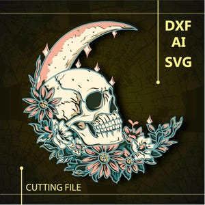 May include: A black and white skull with a crescent moon behind it. The skull is surrounded by pink and green flowers. The image is a digital cutting file for crafting projects.