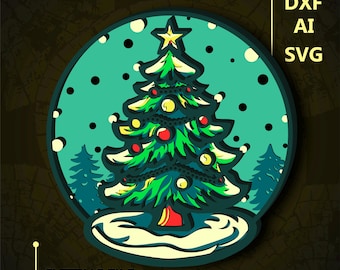 May include: A green Christmas tree with red and yellow ornaments, a star on top, and snow on the ground. The tree is in a circle with a blue background and white snowflakes.