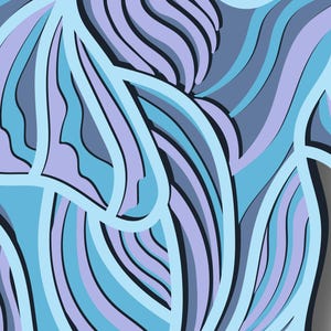 May include: Abstract pattern with blue and purple wavy lines. The lines are outlined in a lighter blue color.