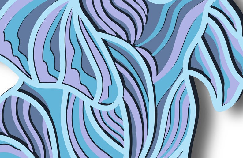 May include: Abstract pattern with blue and purple wavy lines. The lines are outlined in a lighter blue color.