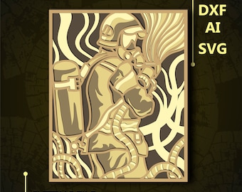 May include: A layered paper cut design of a firefighter in protective gear, holding a hose with a stream of water. The image is in shades of tan and brown, with the words "DXF, AI, SVG" and "CUTTING FILE".