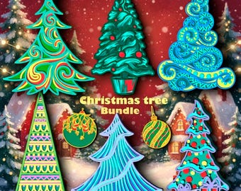 May include: A digital Christmas tree bundle featuring six distinct tree designs and two ornaments. The trees display various patterns including swirls, geometric shapes, and solid colors like green, blue, and pink. Text reads Christmas tree Bundle.