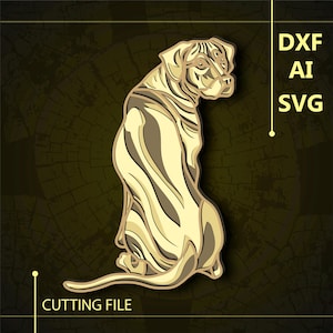Puede incluir: Un archivo de corte digital de una ilustración estilizada de un perro sentado con la cabeza girada hacia un lado. El perro es de color marrón claro y está delineado en negro. La imagen está sobre un fondo marrón oscuro con textura de grano de madera. El texto "DXF AI SVG" está en la esquina superior derecha de la imagen. El texto "CUTTING FILE" está en la esquina inferior izquierda de la imagen.