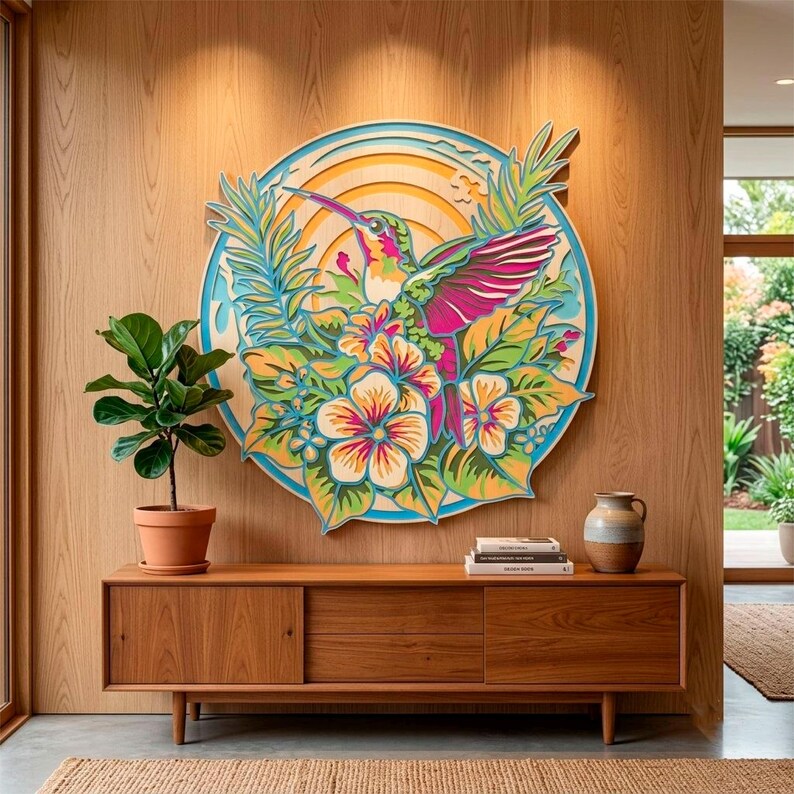 May include: A circular multi-layered wooden wall art piece featuring a vibrant hummingbird in flight surrounded by tropical flowers and foliage against a yellow sunburst background, mounted on a light wood paneled wall above a wooden sideboard.