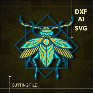 May include: A blue and yellow geometric insect design with intricate details. The design is inside a blue square frame. The text "DXF AI SVG CUTTING FILE" is on the right side of the image.